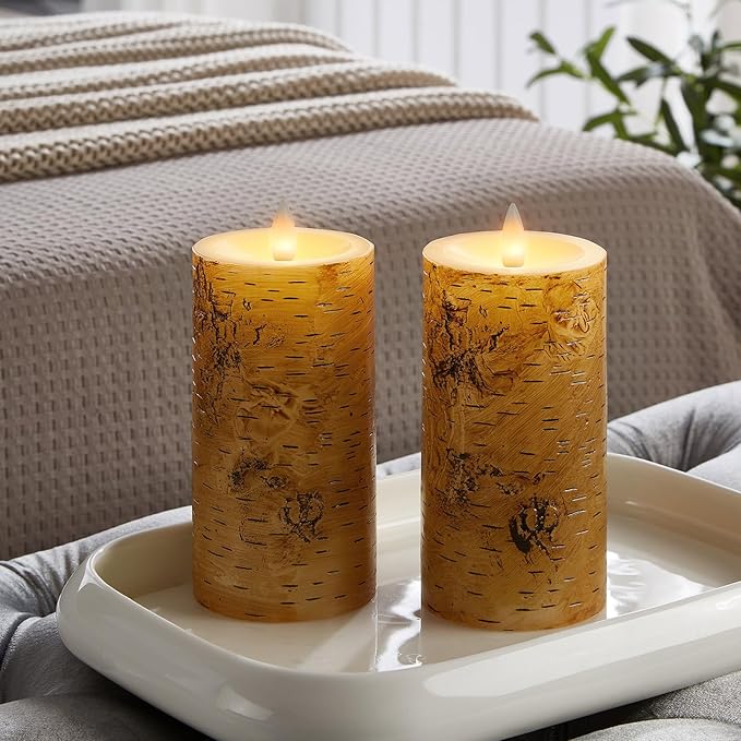 Birch Bark Wax Flameless Candles with Remote Timer, Last 400-Hour with 2AA Batteries, 3D Moving Flame Led Candles, Set of 2(3''x6''), Remote Included(Birch bark).