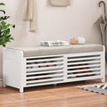 Amposei Modern Classic Storage Bench 43.3-Inch Wooden Entryway Shoe Storage Bench Cabinet with Removable Seat Cushion & Sliding Shutter-Style Doors for Living Room Entrance Hallway, White