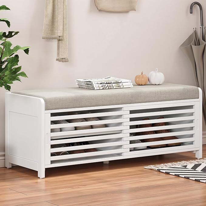 Amposei Modern Classic Storage Bench 43.3-Inch Wooden Entryway Shoe Storage Bench Cabinet with Removable Seat Cushion & Sliding Shutter-Style Doors for Living Room Entrance Hallway, White