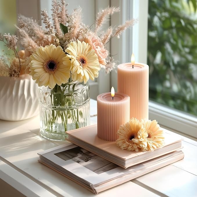 WYZworks Fluted Ribbed LED Pillar Candles, Blush Beige, with Realistic Reflective Melted-Wax Effect – Flickering Flame, Remote, Dimmable, Flameless, Battery Operated, Home & Wedding Decor (Set of 3)