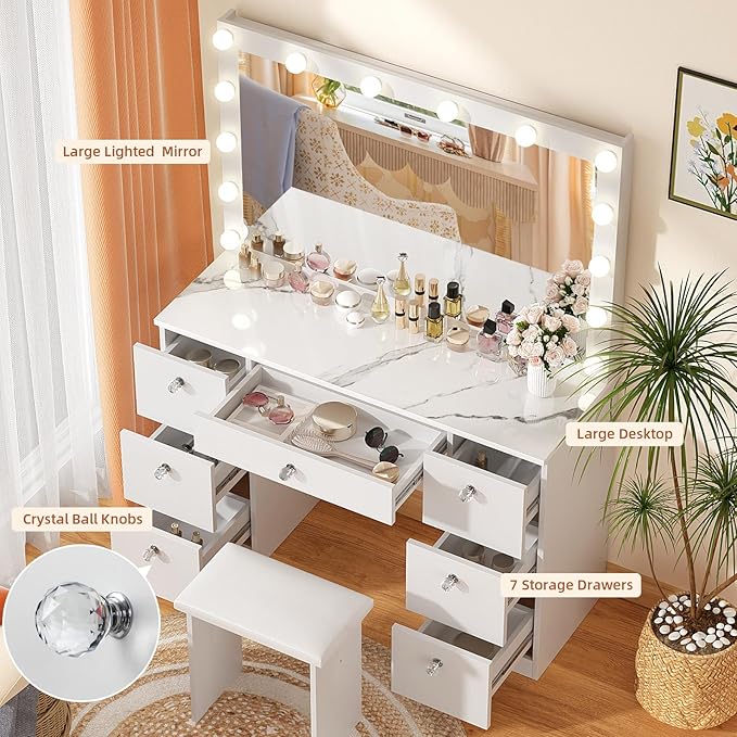 SMOOL Vanity with Lighted Mirror, Makeup Vanity Desk with Power Outlet and LED Bulbs, 3 Color Lighting Modes Adjustable Brightness, 7 Drawers Vanity Table with Cushioned Stool for Bedroom, Marble