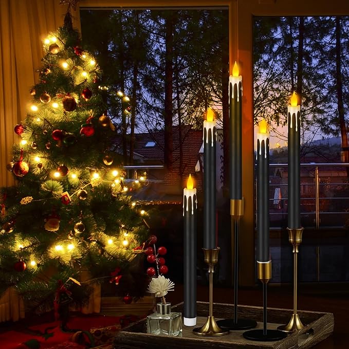 Flameless Taper Candles 10.6" Dripless Battery Operated Taper Candles Included Remote Timer 400+ Hours by 2AA Batteries for Halloween Christmas Wedding (Black+White, 12 Pack)