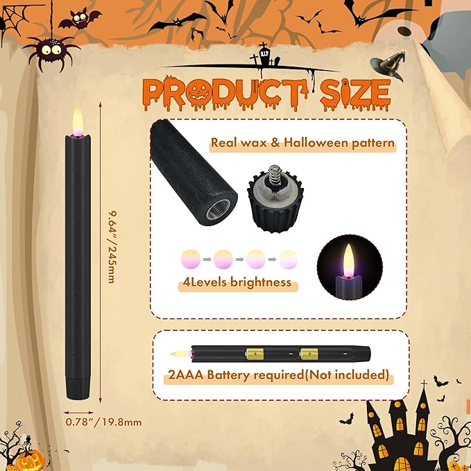 Black Flameless Taper Candles with Remote, 9.6" Halloween Battery Operated Candles 3D Wick, 3 Pack Real Wax Led Candlesticks Flickering Electric Candle for Halloween, Home, Party Decor