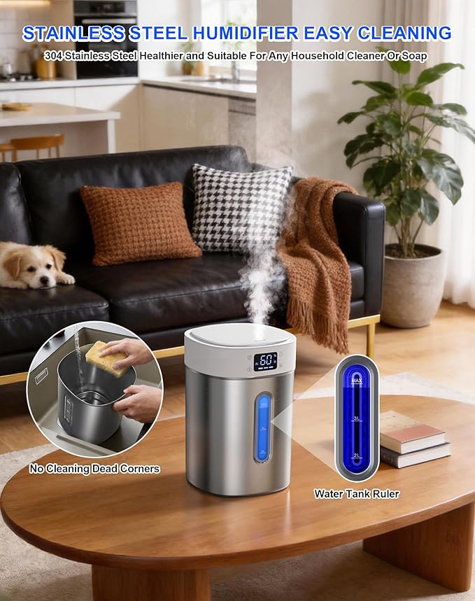 Humidifiers for Bedroom Large Room Baby, 4L Ultrasonic Cool Mist Humidifier, 304 Stainless Steel humidifiers, Auto Humidity Control, Humidity Display, Night Light, Quiet,Timer,Aromatherapy