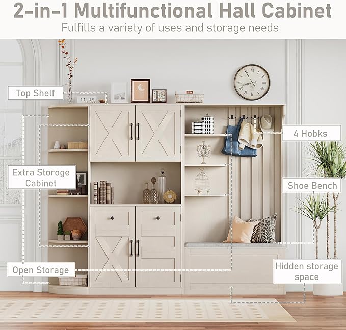 Multifunctional Hall Tree with 4 Hooks, Wood Hall Tree with Open Shelving and Flip Hidden Shelf, Left-Right Combination Coat Rack (can be Used Separately), Entryway Bench (Beige/45c)