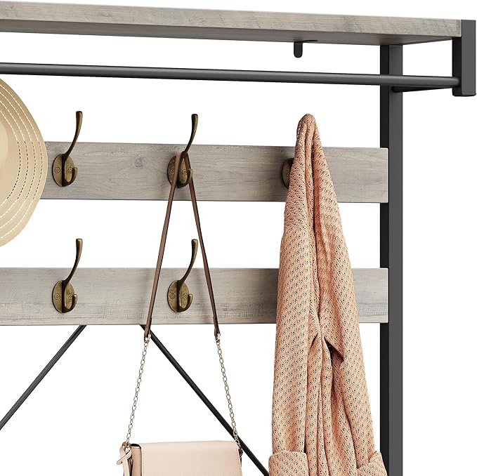 Hall Tree with Bench and Shoe Storage, Entryway Coat Rack with 2-Tier Shoe Bench, Hallway Organizer with Hooks, Hanging Rod and Top Shelf for Hallway Mudroom Bedroom, Grey