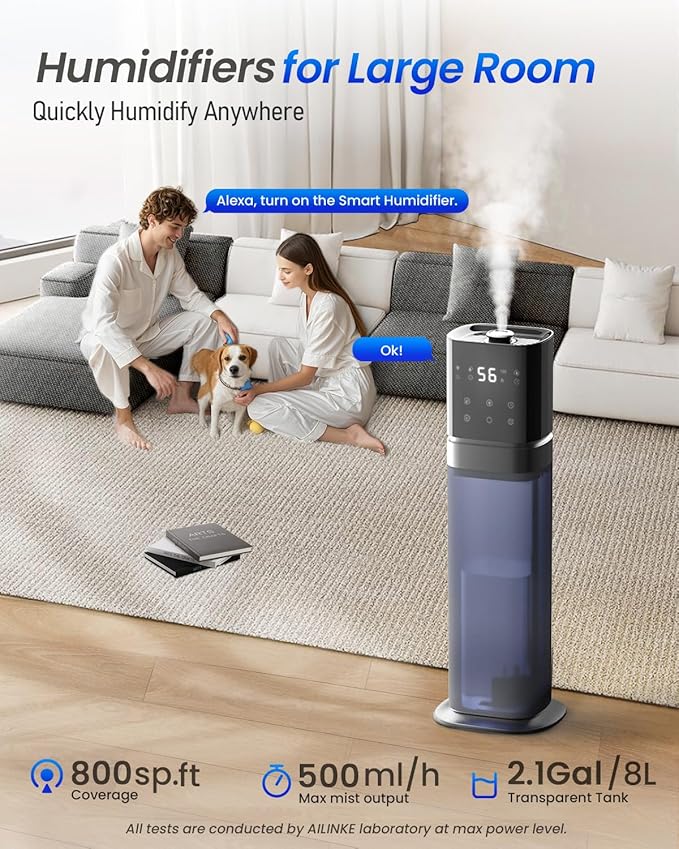 Humidifiers for Bedroom 2.1Gal/8L, Smart Humidifier Large room, Cool Mist Humidifiers for Bedroom Large Room with Extended Tube, WIFI App&Voice Control, Humidifiers for Home Baby Plants, Blue