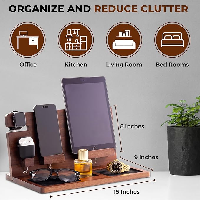 Wooden Nightstand Organizer - Nightstand organizer for men - Phone Key Stand - Mens nightstand organizer with hidden wire grooves - Nightstand Docking Station with felt lining