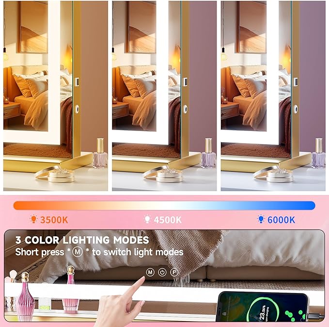 Vanity Mirror with Lights, 40" x 29" LED Makeup Mirror with 10X Magnification, Dimmable 3 Modes, Memory Function, Smart Touch, USB Charging Port, Lighted Makeup Mirror Square Glod