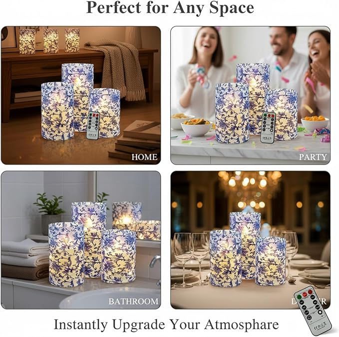 Floral Flameless LED Pillar Candles with String Lights, 3pcs Blue and White Battery Operated Flickering Candles with Timer Remote,Chinese Porcelain Style Candle for Wedding Mother's Day Home Decor