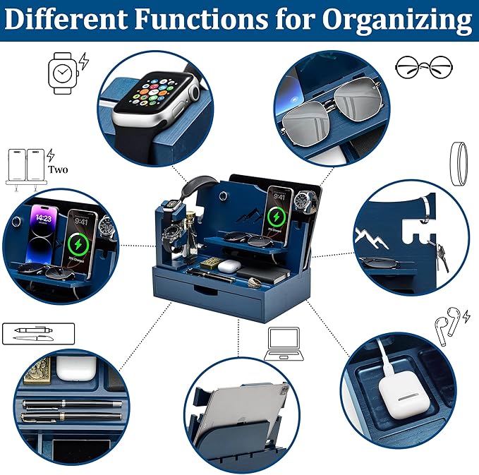Nightstand Organizer for Men with Large Drawer, Wood Phone Docking Station for Phone, Apple Watch, Wallet & Keys, Ideal Birthday Gift for Father Husband, Bedside Desk Organizer (Blue)