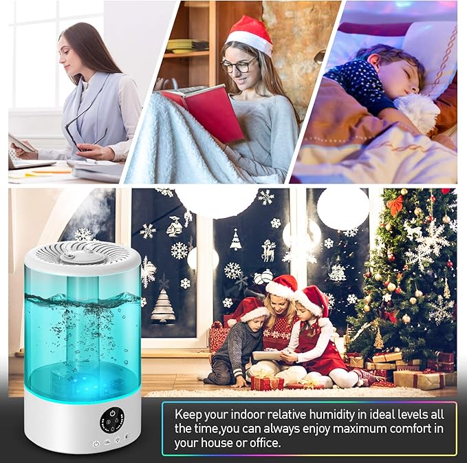 Cool Mist Humidifier, Ultrasonic Humidifiers for Bedroom Baby, 3L Large Humidifier w/Remote Control, 7 Colors Night Light 6 Dimmer Adjustable Mist Levels, Timer, Auto Shut-Off for Large Room, White