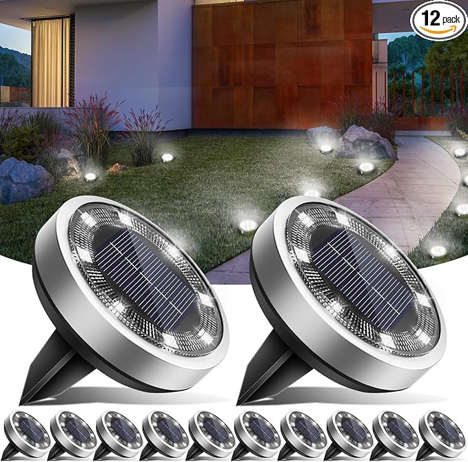 Solar Ground Lights,12 Pack Flat Solar Lights Outdoor Waterproof, Bright LED Solar Disc Lights, 6000K Cool White Landscape Lighting for Outside Yard Garden Pathway Driveway Lawn