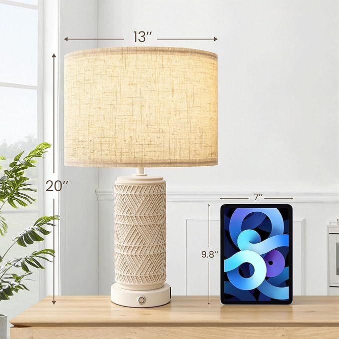 Touch Table Lamp Set of 2 for Home and Modern Farmhouse Decor - Ceramic Boho Bedside Lamps with USB Port - White Nightstand Light for Bedroom, Living Room, Side Tables and Small Night Stand