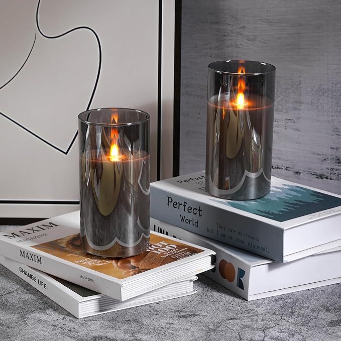 Rechargeable Flameless Candles, Flickering LED Candles, Real Wax Candles with Remote and Timers, Glass Pillar Candles 3D Wick for Wedding Festival Home Decoration, 6" Candle Set of 2,Grey