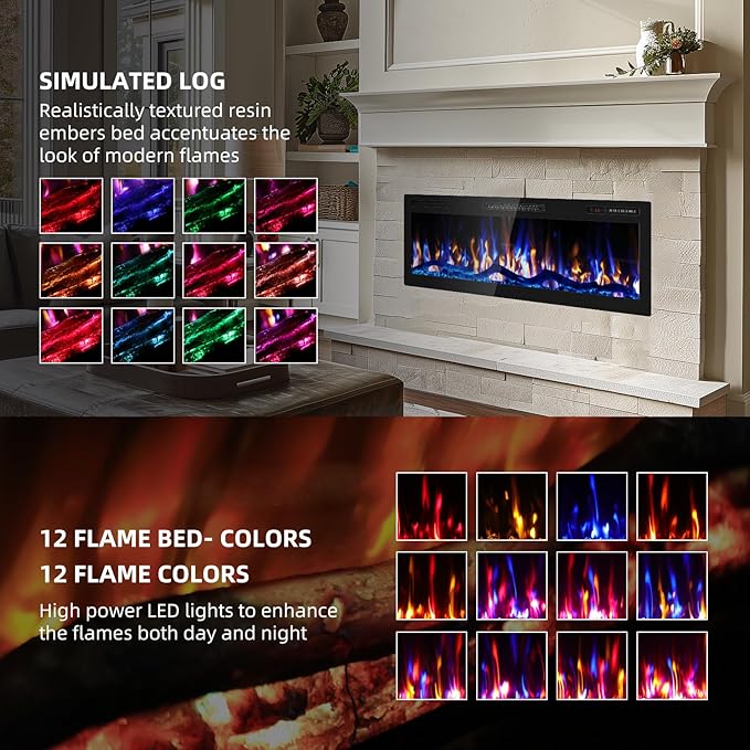 42" Smart WiFi Electric Fireplace with Sound Crackling Narrow Bezel Recessed and Wall Mounted Fireplace Heater with App, Remote Control, Log Flame Option, 750/1500W