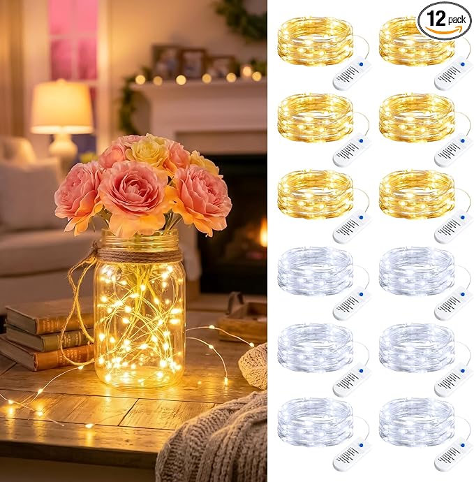 Minetom 12 Pack Fairy Lights Battery Operated String Lights 8 Modes, 7ft 20LED Waterproof Silver Wire Twinkle Lights, Firefly Starry Moon Lights for Mason Jars DIY Christmas Wedding Party