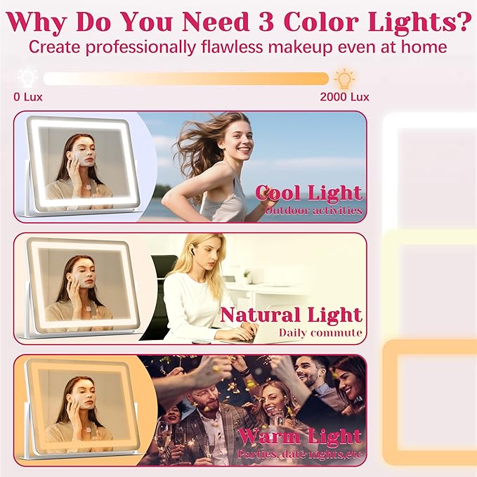 HNV 22"x17" Vanity Mirror with Lights, LED Makeup Mirror with 3 Color Modes & Dimmable Touch Control, 360° Rotation, Aluminum Frame, Large Lighted Mirror for Bedroom or Dressing Table