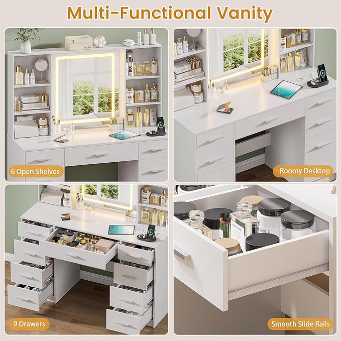 Vanity Desk with Mirror and Lights, Makeup Vanity Desk with 9 Drawers & 6 Shelves, Make up Vanity, Dressing Table with Touch Screen Mirror & Power Outlet, White Vanity for Girls Women, Bedroom