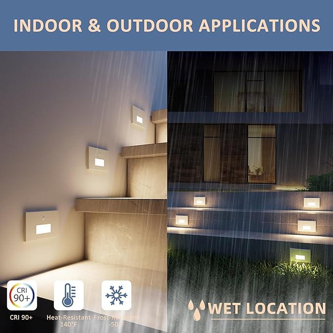 12 Pack Motion Sensor LED Step Lights, 3CCT Adjustable 3000K/4000K/6000K Stair Lights, 4W 300LM Dimmable Staircase Lighting, IP65 Waterproof for Indoor Outdoor, 120V Hardwired, ETL, White