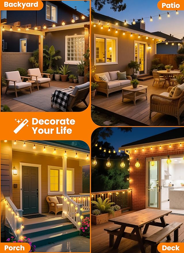 Outdoor String Patio Lights 100FT 50 LED String Lights Waterproof Connectable Shatterproof Hanging Outside Light Backyard Porch Deck Balcony Garden Yard Decor Lighting Edison Bulbs 2200K
