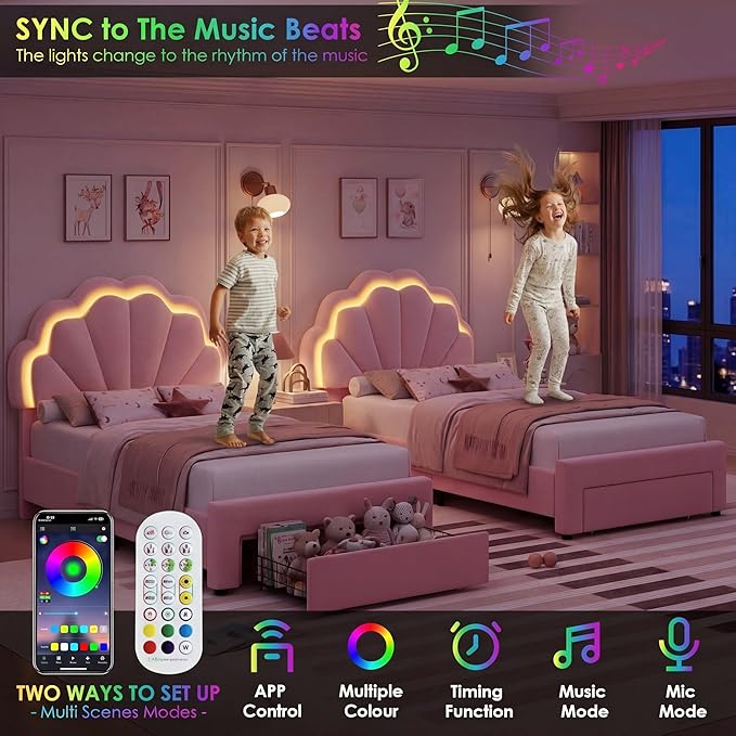 HIFIT Twin Upholstered Smart LED Bed Frame with Storage Drawer and Adjustable Chic Double Petal Headboard, Princess Platform Bed for Girls/Kids, Solid Wood Slats Support, No Box Spring Needed, Pink