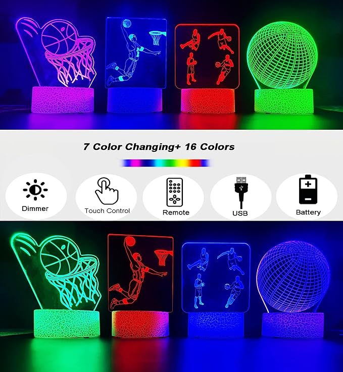 4 Patterns Basketball Night Light,3D Hologram Illusion Basketball Lamp,Dimmable Remote Control/Smart Touch,16 Colors Changing Light,Room Decor Bedside Desk Lamp,Basketball Gift for Boys (style 8)