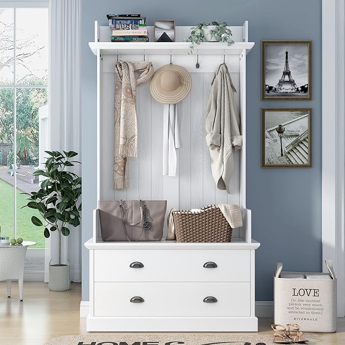 RUNNA Wooden 38.5" Wide Hall Tree with Coat Rack and 2 Large Drawers,Bench,5 Metal Hooks and Handles,For Livingroom Hallway Entryway Use (White@Drawers)