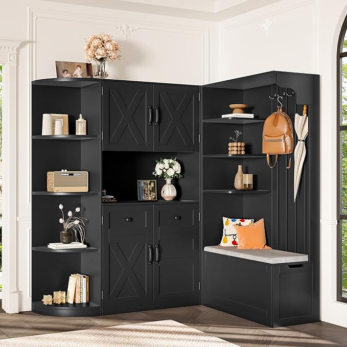Multifunctional Hall Tree with 4 Hooks, Wood Hall Tree with Open Shelving and Flip Hidden Shelf, Left-Right Combination Coat Rack (can be Used Separately), Entryway Bench (Black/45c)