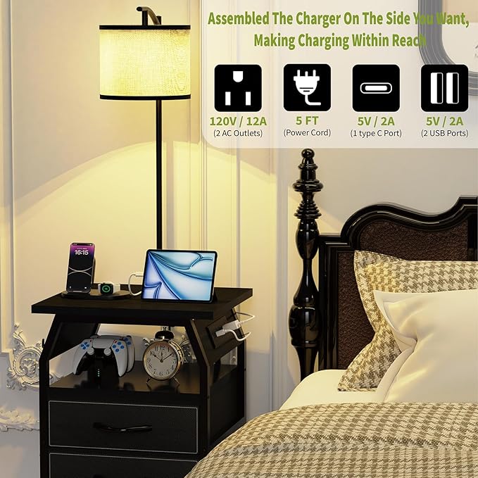Floor Lamp with Table Set of 2, End Tables with Lamps Attached 3-Color Temperature Bulb, Side Table with Lamp with 3 Drawers & Charging, Lamps Tables Combo for Bedroom, Dorm - Black