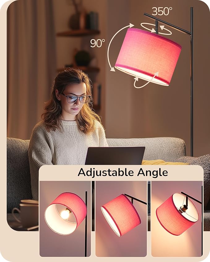 EDISHINE Modern Floor Lamps for Living Room, 64.7" Minimalist Standing Lamp with 3 Color Temperatures Bulb & Adjustable Linen Shade, Foot Pedal Switch, Arc Tall Lamp for Office Bedroom, Pink Shade
