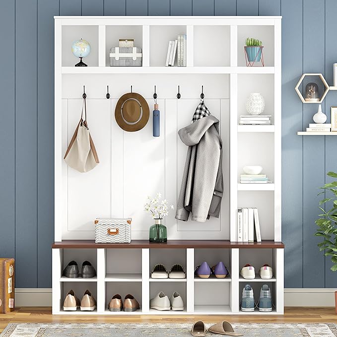 Farmhouse Style Hall Tree with 6 Hooks, Practical Walnut Storage Bench with Adjustable Shelves, Wooden 4-in-1 Entryway Shoe Cabinet with 13 Cubbies for Mudroom, Living Room (White+Walnut-8)