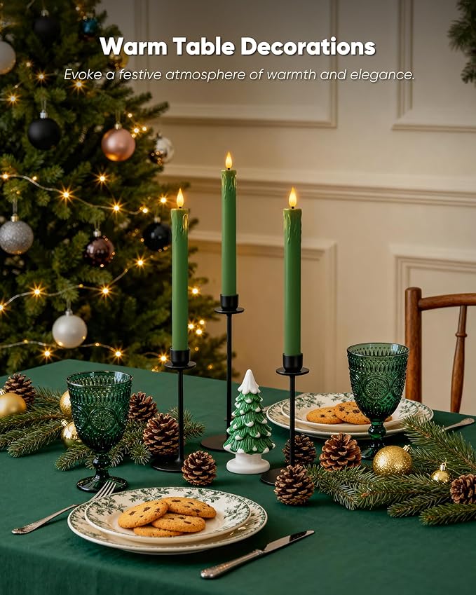 Homemory 6 Pcs Real Wax Green Flameless Taper Candles with Remote Timer, 9.6 Inches LED Fake Candlesticks, LED Candle with 3D Flickering Flame for Romantic Wedding, Dinner, Xmas Anniversary Decor