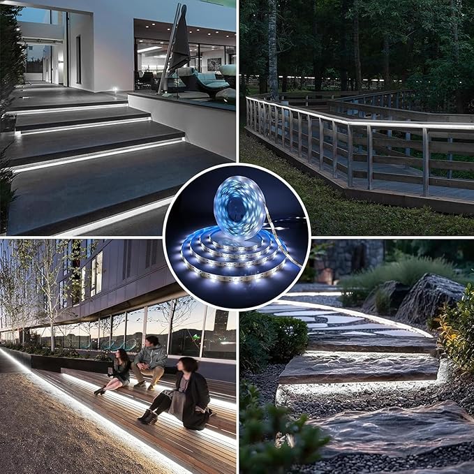 Solar LED Strip Lights Outdoor Waterproof 19.6FT 180 LED Solar Powered Rope Light Cuttable 8 Modes for Outside, Garden, Patio, Deck, Fence, Pathway, Stair, Poolside, 6000K White 2 Pack