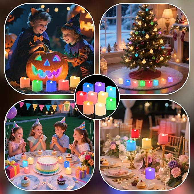 PChero Rechargeable Flameless Candles with Remote Timer & Charging Base, 12 Pack 9 Color Changing Tea Lights Battery Operated, LED Votive Candles for Halloween Pumpkin Christmas Party Home Decor
