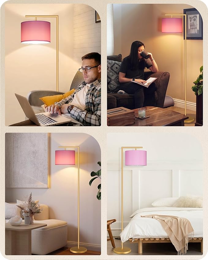 Modern Gold Arc Floor Lamp, Corner Tall Lamp with Remote, Arched Reading Light with Fabric Shade, Floor Lighting for Living Room, Bedroom, Office, Study, Pink, LED Bulb Included, DP11LD05