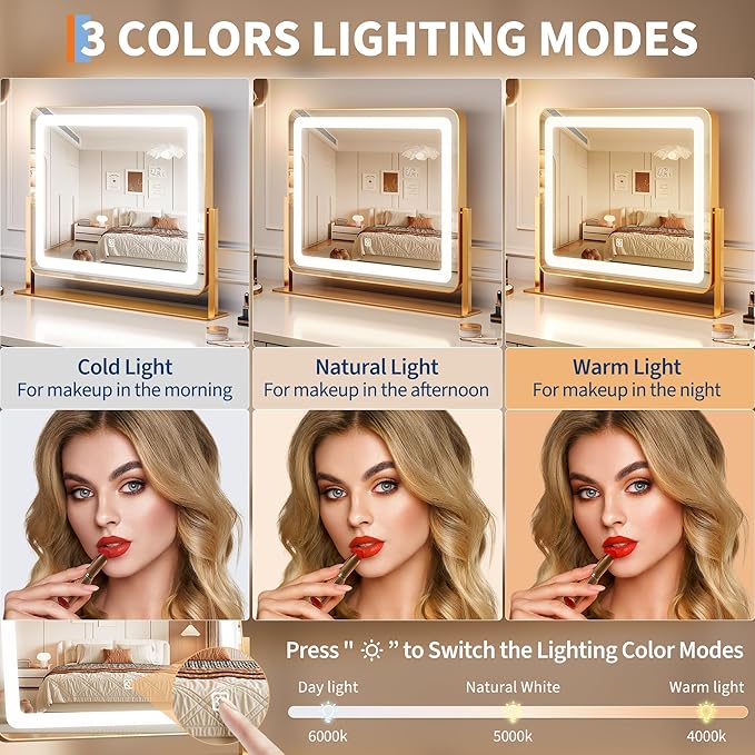 IDEALHOUSE Vanity Mirror with Lights, 20"x17" Lighted Makeup Mirror, LED Desk Mirorr with 360° Rotation, Dimmable 3 Modes, Smart Touch Control for Bedroom or Tabletop(Square,Gold)