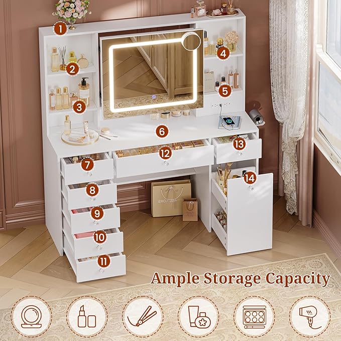 47.2“ Large Vanity Desk with Mirror and Lights,Power Outlet,7 Drawers,Pull-Out LED Mirror with 3 Light Modes,Brightness Adjustable,Rolling Makeup cart,Crystal Handles, hairdryer Rack,White