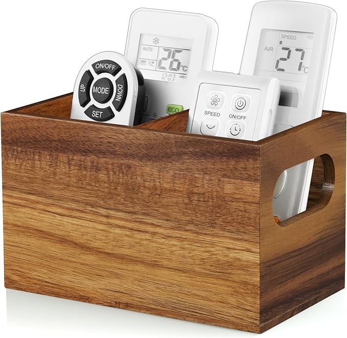 DRASTAR Remote Control Holder, Wood TV Remote Holder, Remote Storage Caddy, Remote Control Organizer (Acacia, 2 Slots)