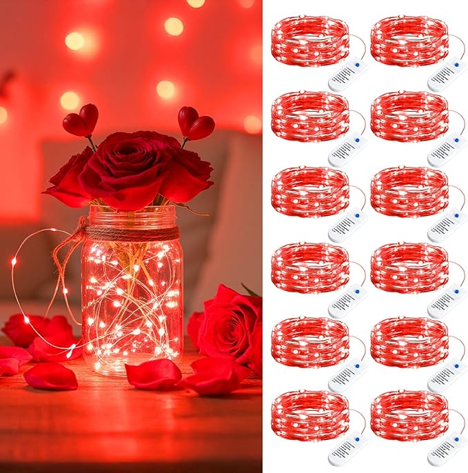 Minetom 12 Pack Red Christmas Lights, 7ft 20 LED Fairy Lights Battery Operated String Lights, Valentines Day Decorations, 8 Modes Waterproof Silver Wire Twinkle Lights, Valentine's Day Lights