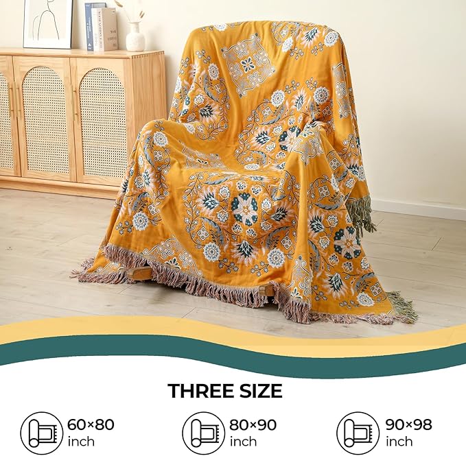 Boho Throw Blanket for Bed,100% Cotton Ultra Soft Lightweight Muslin 4-Layer Breathable Woven Throws 90''x 98'' Blanket Yellow Floral Farmhouse Decor Bed Blankets