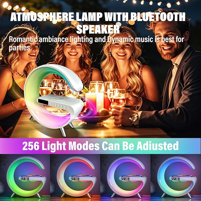 Smart LED Table Lamp,4 in 1 Night Light,Wireless Charger,Alarm Clock and Bluetooth Speaker with App Control Color Changing Lamp for Bedroom, Office, and Home Decor (White)