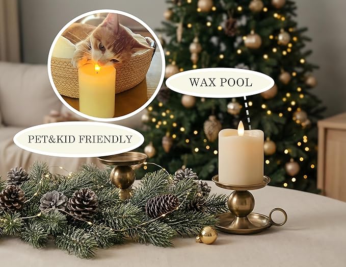 Flameless Pillar Candles Flickering with Remote Timer, Battery Operated LED Candles Up to 400 Hours, 3D Moving Flame Real Wax Candles. (Ivory with Art Water)
