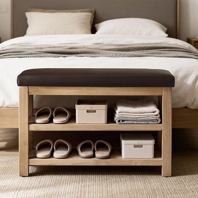 Shoe Rack Bench with Leather Cushion, 2 Tier Solid Wood Storage Bench, Mid-Century Modern Shoe Bench for Entryway, Hallway, Closet, Front Door Entrance, Foyer (Dark Brown, 31.5)