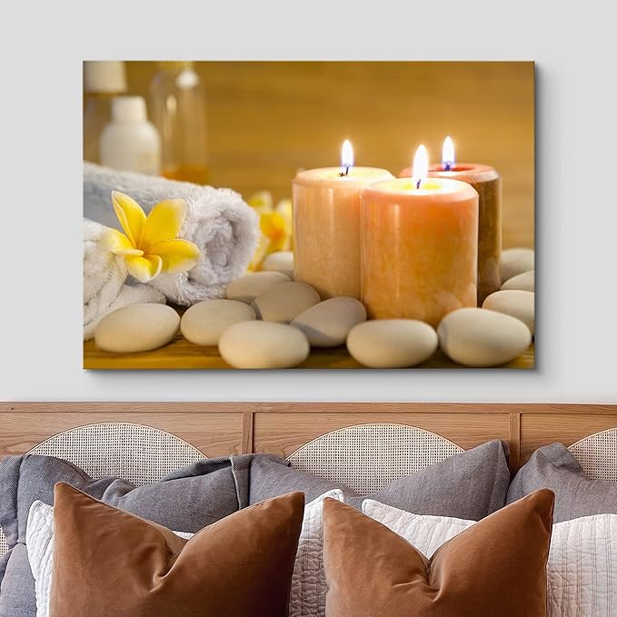 wall26 Canvas Print Wall Art Lit Spa Candle Trio with Stones & Yellow Blossoms Nature Wilderness Photography Realism Chic Scenic Multicolor for Living Room, Bedroom, Office - 12"x18"