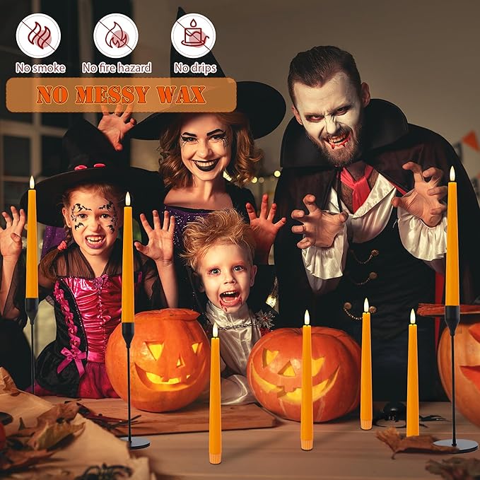 Orange Flameless Taper Candles, 9.6" Halloween Battery Operated Candles with Two Remote, Real Wax Fall Led Candlesticks, Flickering Flameless Candle for Fall, Thanksgiving, Harvest, Halloween, 6 Pack