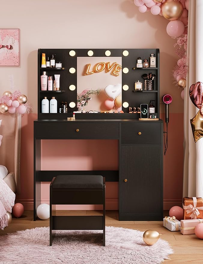 Vanity Desk with Mirror and Lights, 35" Makeup Vanity with 2 Drawers, Storage Cabinet, 8 Open Shelves, 3 Lighting Modes Adjustable Brightness, Power Outlet, Dressing Table for Bedroom, Black