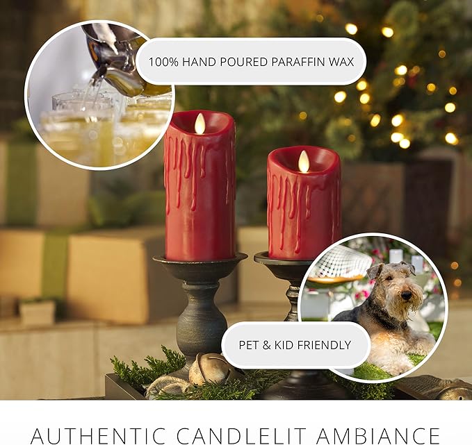 Luminara Wax Drip Flameless LED Candle, Burgundy 3.4" x 4.5", Timer Function, Real Wax Pillar, Battery Operated Unscented Safe, Long-Lasting
