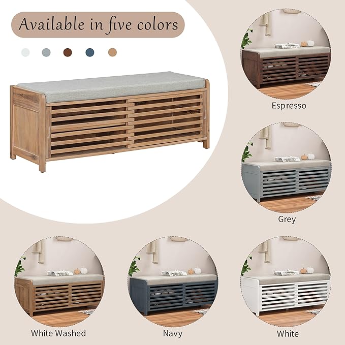 Amposei Modern Classic Storage Bench 43.3-Inch Wooden Entryway Shoe Storage Bench Cabinet with Removable Seat Cushion & Sliding Shutter-Style Doors for Living Room Entrance Hallway, White Washed