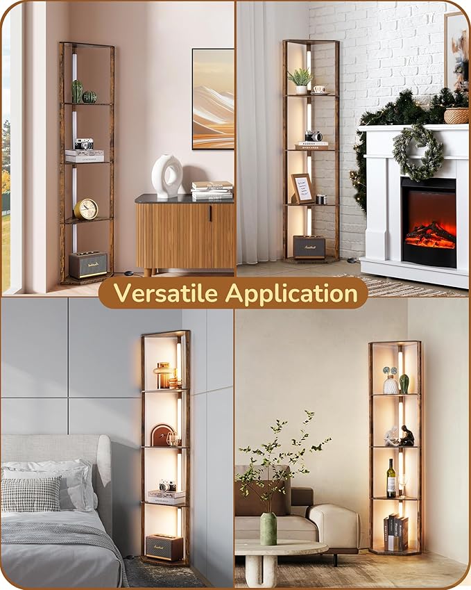 EDISHINE 64" LED Floor Lamp, Modern Floor Lamp with Shelves, Tall Standing Lamp with 3 Color Temperature, Stepless Dimmable Corner Floor Lamps for Living Room, Bedroom, Office, Burlywood